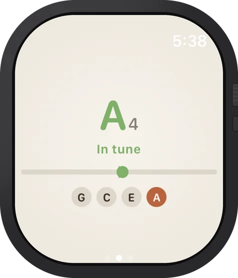 Apple Watch showing a tuner with the A string in tune